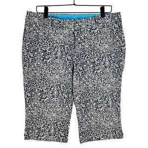 Ann Taylor Margo Cropped Pants Womens 12 Navy White Abstract Floral Stretch